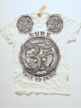 SURE White Short Sleeve Om tribal Graphic Back Logo cotton Tee